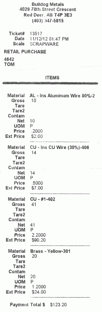 Retail Receipt Showing weight and value of scrap metal